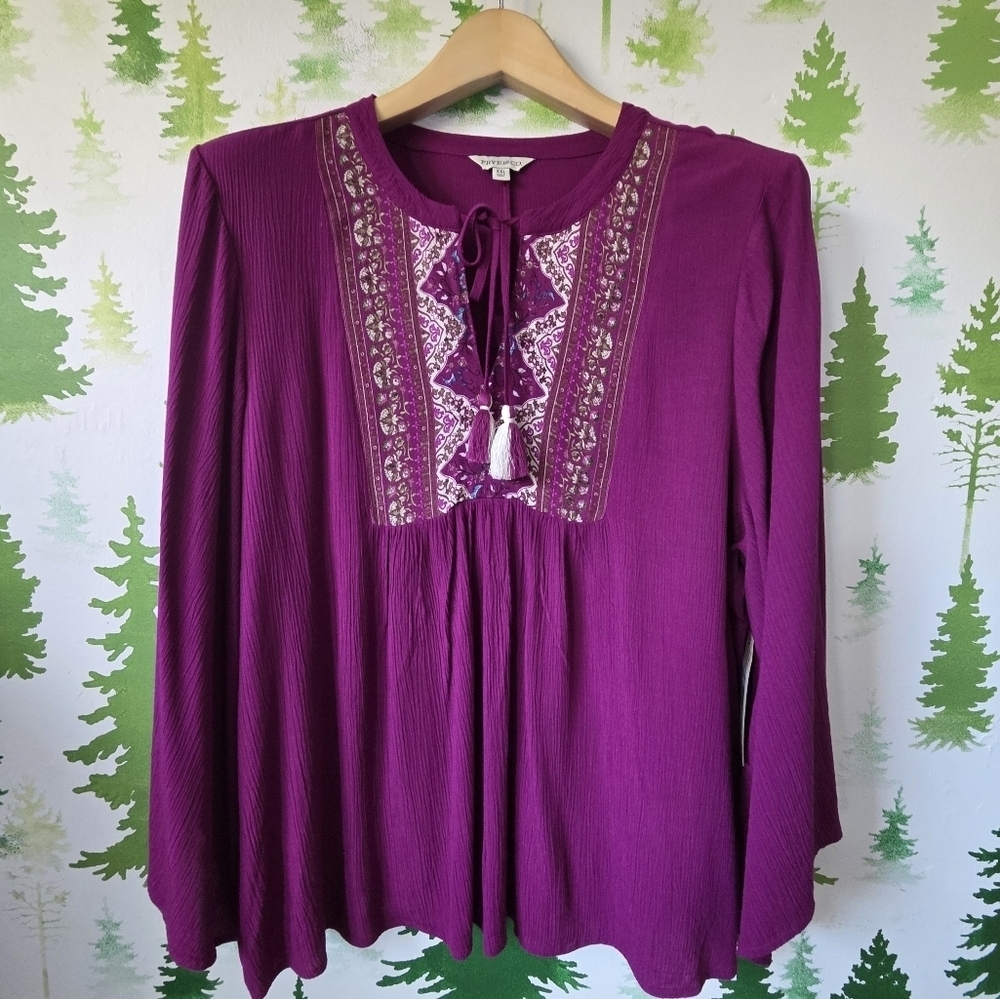 Frye & Co Split Neck Embellished Long Sleeve Blouse